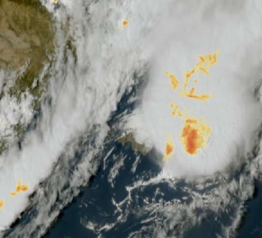 The same satellite image with lightning flash paths in yellow, orange and red